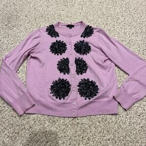J Crew Jackie Sequin Flower Cardigan Sweater Sz XL 100% Merino Wool Preppy
